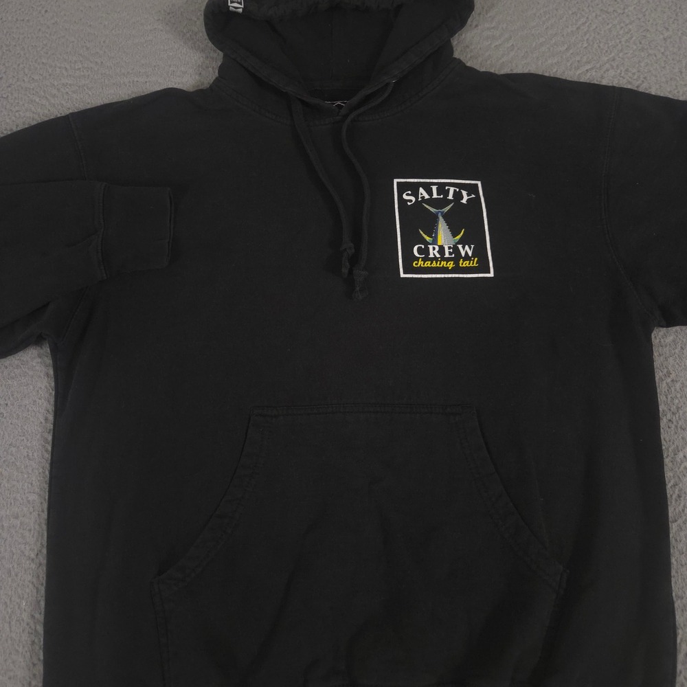 Salty Crew Hoodie Mens Large Black Chasing Tail Graphic Fleece Pullover Fishing